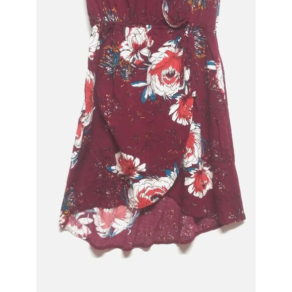 Band of Gypsies Wrap Dress XS Burgundy floral bouquet Keyhole back pockets hi-lo - Picture 4 of 12